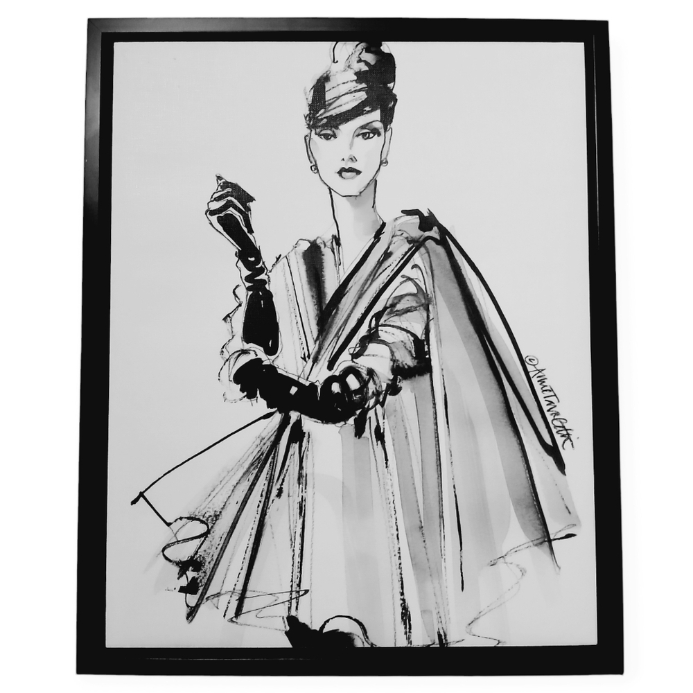 ANNE TAVOLETTI Original Vintage Fashion Sketch Canvas Model In Cape and Gloves